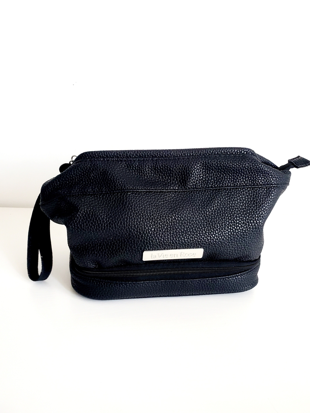 La Vie En Rose Black Pebbled Cosmetic Case with Wrist Strap